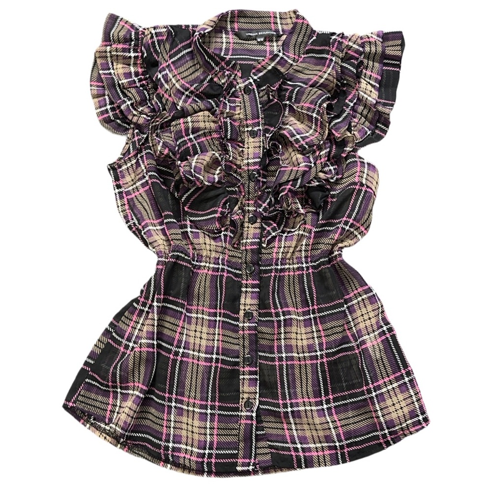 Y2K URBAN BEHAVIOUR women's pink/brown frilly sheer plaid button up blouse, M.